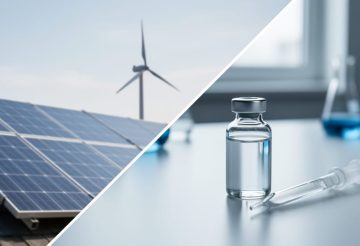 Glass vial and pipette on a lab workbench with a blurred view of solar panels and a distant wind turbine silhouette in the background.