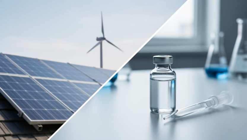 Glass vial and pipette on a lab workbench with a blurred view of solar panels and a distant wind turbine silhouette in the background.
